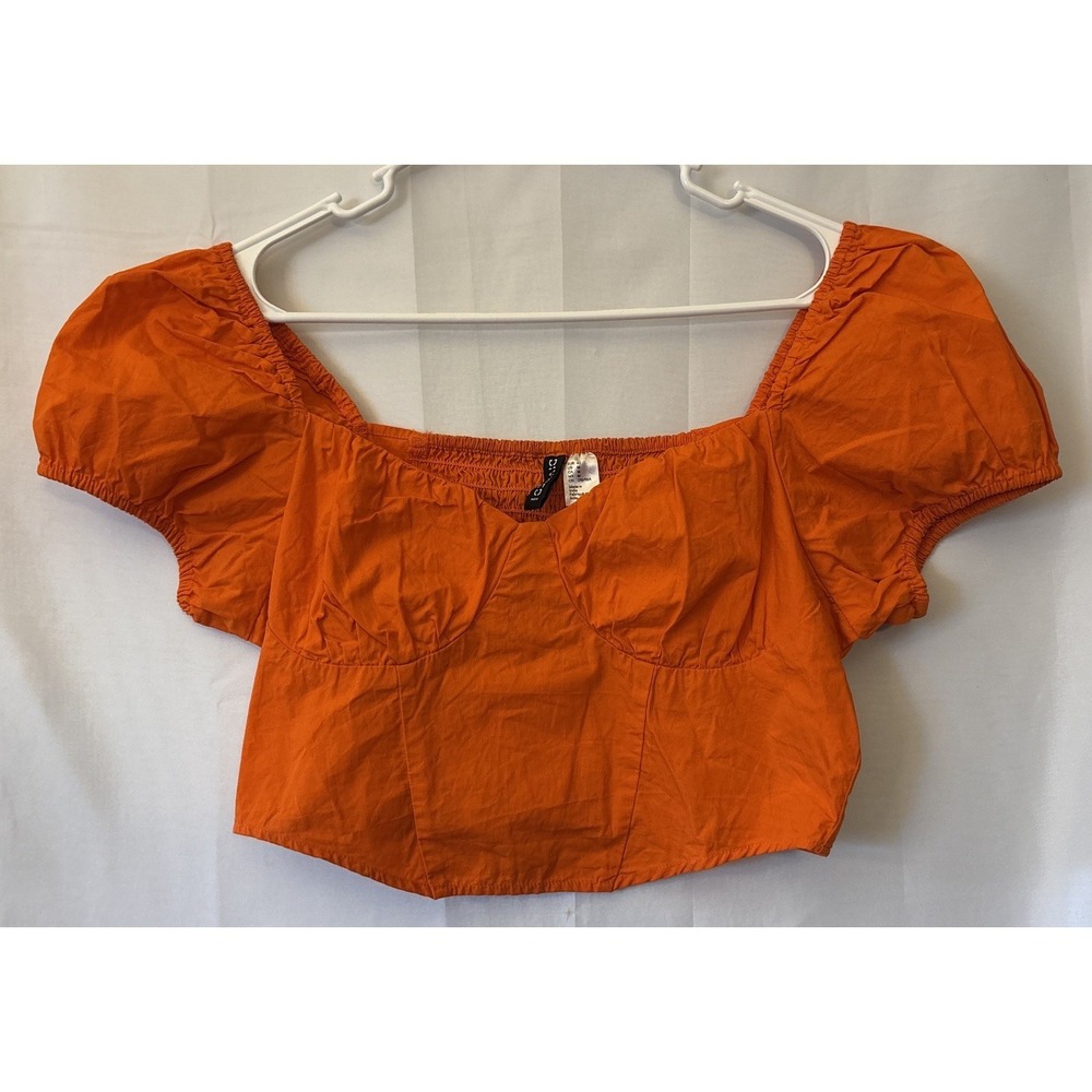 Women's Divided H&M Orange Smocked Crop Top Blouse Puff Sleeves‎ Coquette M